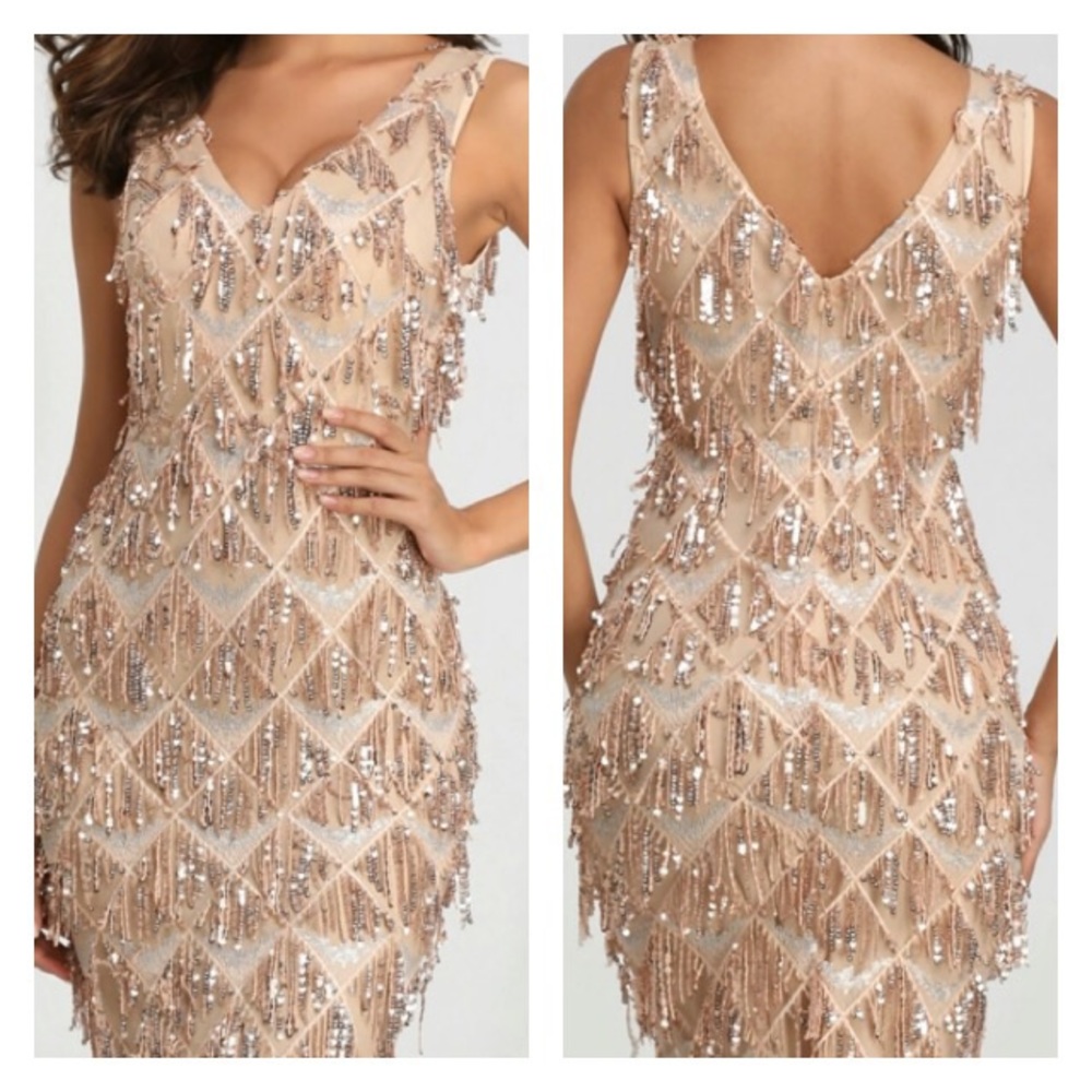 Gold Tassel Sequin Sleeveless Beaded Evening Gown - Picture 3 of 9